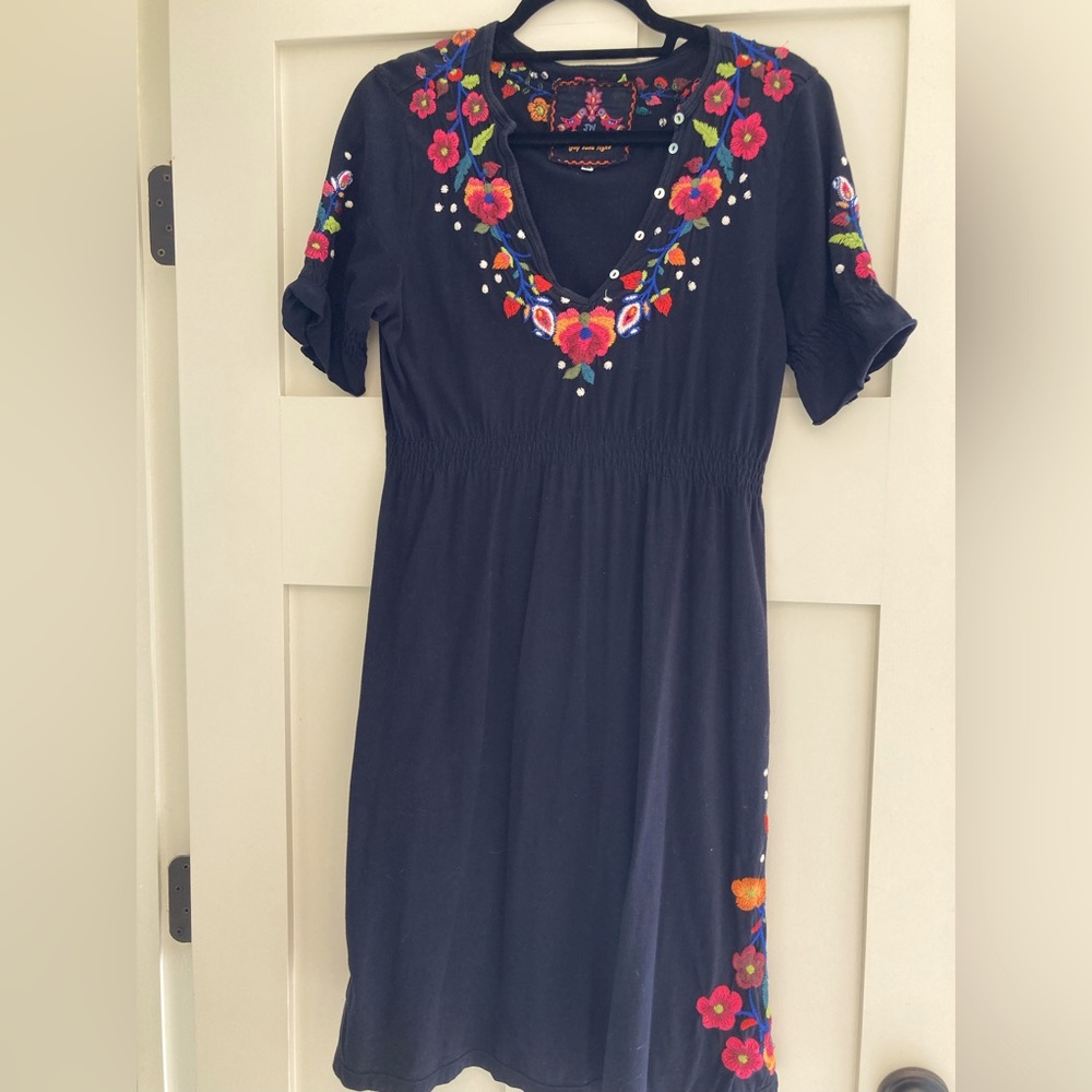 Johnny Was Embroidered Mexican Flowered Black Dress